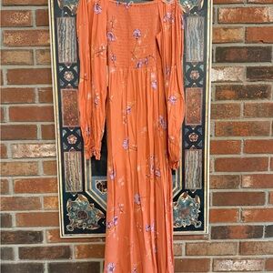 Orange Floral Off-the-Shoulder Midi Dress